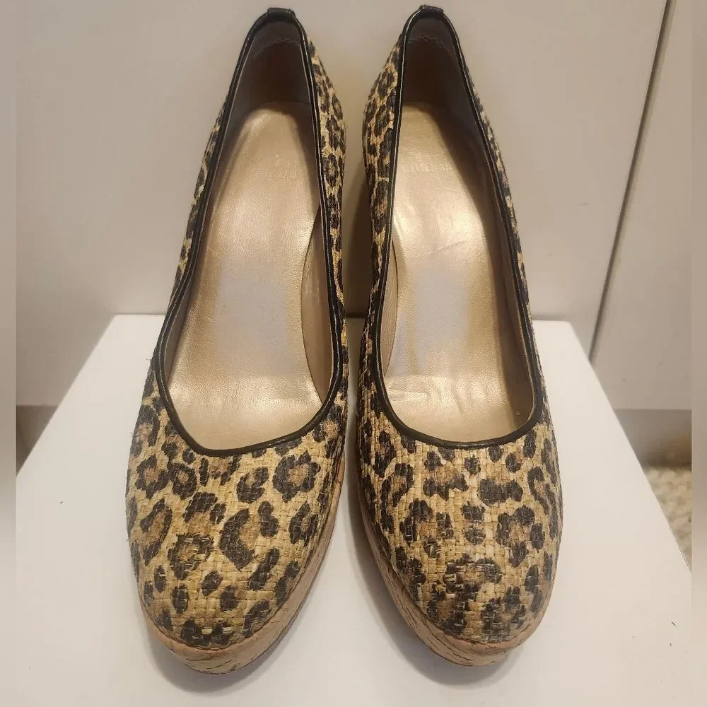 Stuart Weitzman Blk/TanLeopard Print Raffia Platform Wedge Pumps Sz.10 $395 EUC - Picture 4 of 8